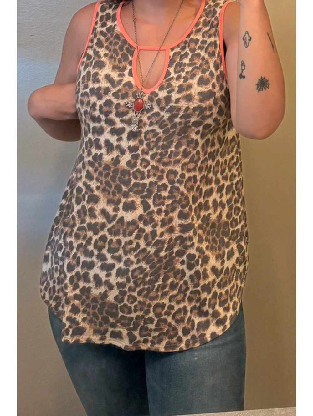 Leopard Print Tank with Keyhole and Pink Trim